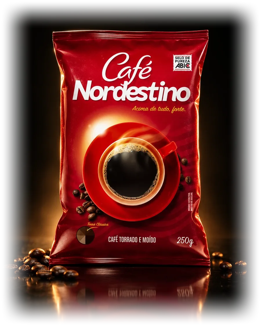 Pacote de Café Nordestino, café torrado e moído, fotografado em estúdio sobre fundo preto