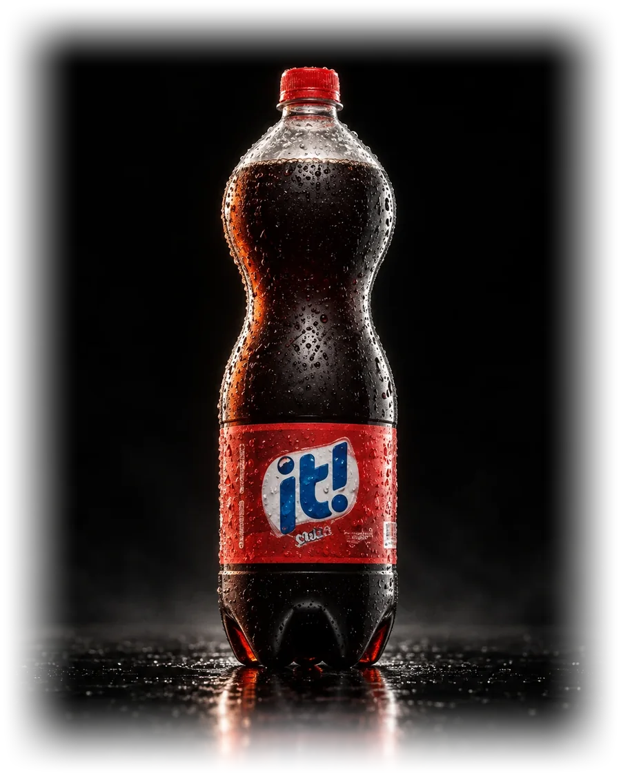 Garrafa de refrigerante de cola da marca IT!, gelada, fotografada em estúdio sobre fundo preto