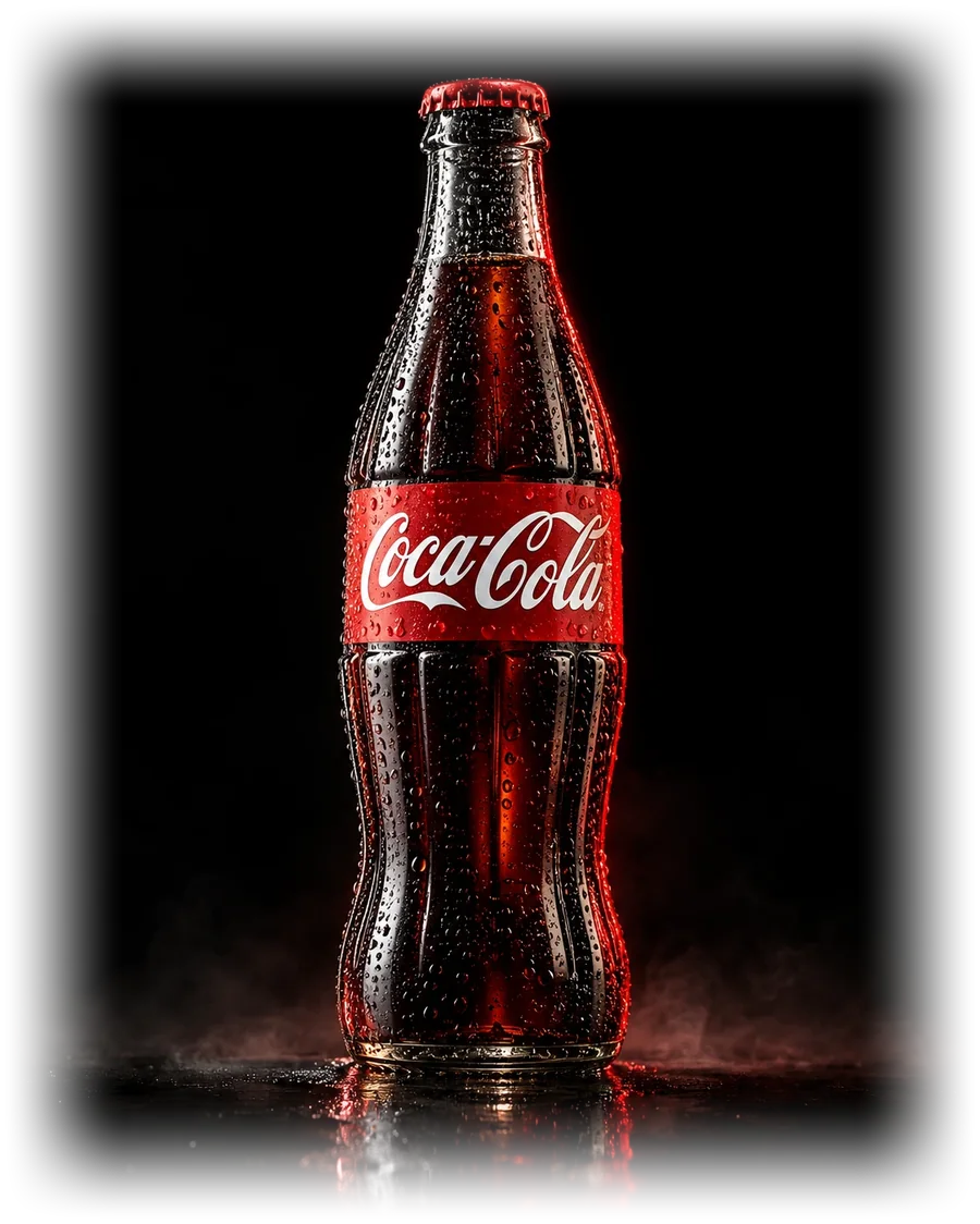Garrafa de refrigerante de cola da marca Coca-Cola, gelada, fotografada em estúdio sobre fundo preto nas mesmas condições